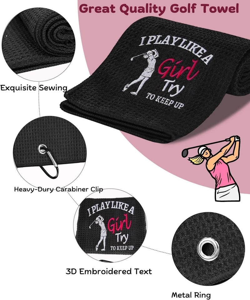 botogift Funny Golf Towel, I Play Like A Girl Try to Keep up - Golf Gifts for Women, Golf Accessories for Women, Embroidered Towels for Bags with Clip, Black - Image 2